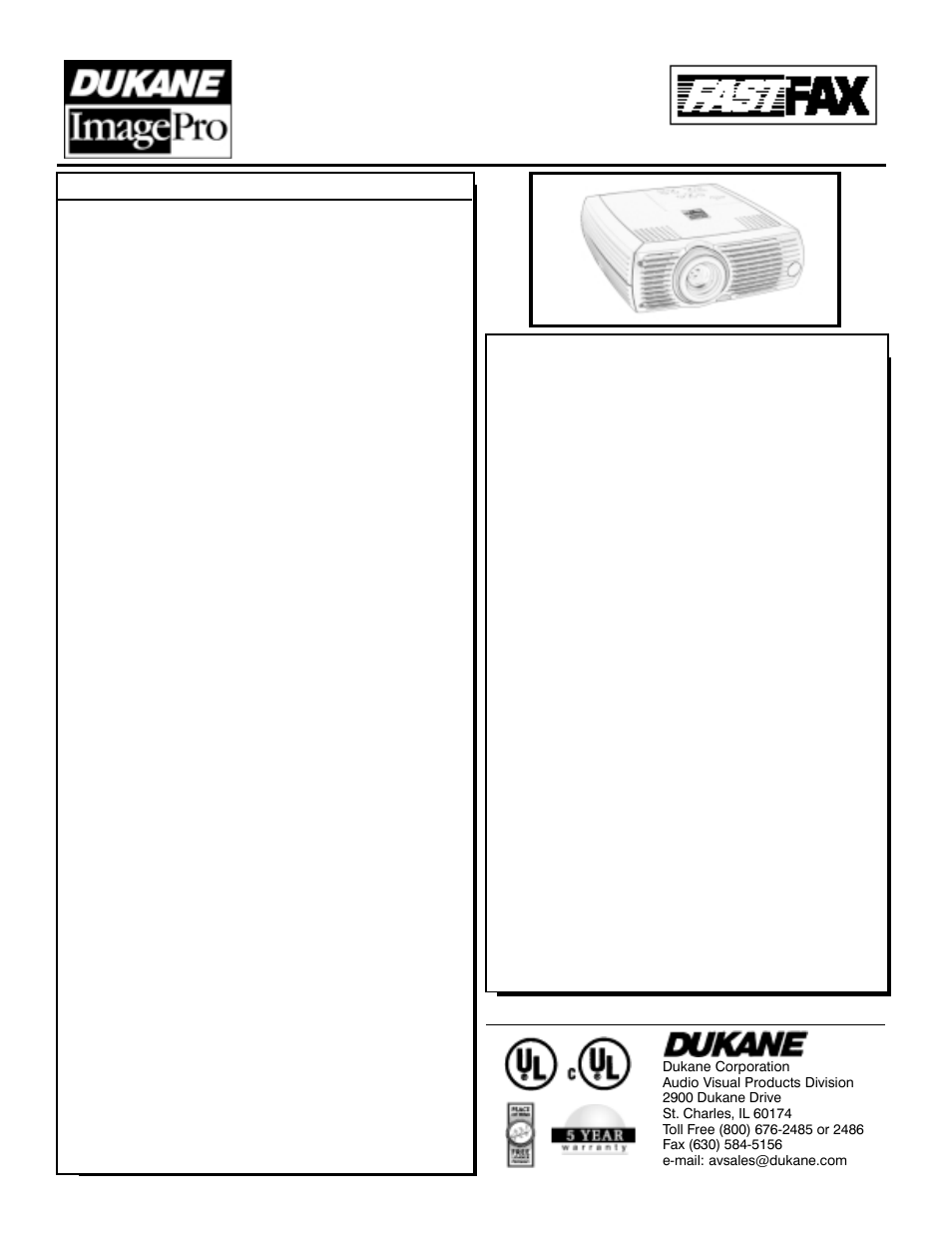 Specifications, Audio visual products | Dukane ImagePro 8043A User Manual | Page 2 / 2