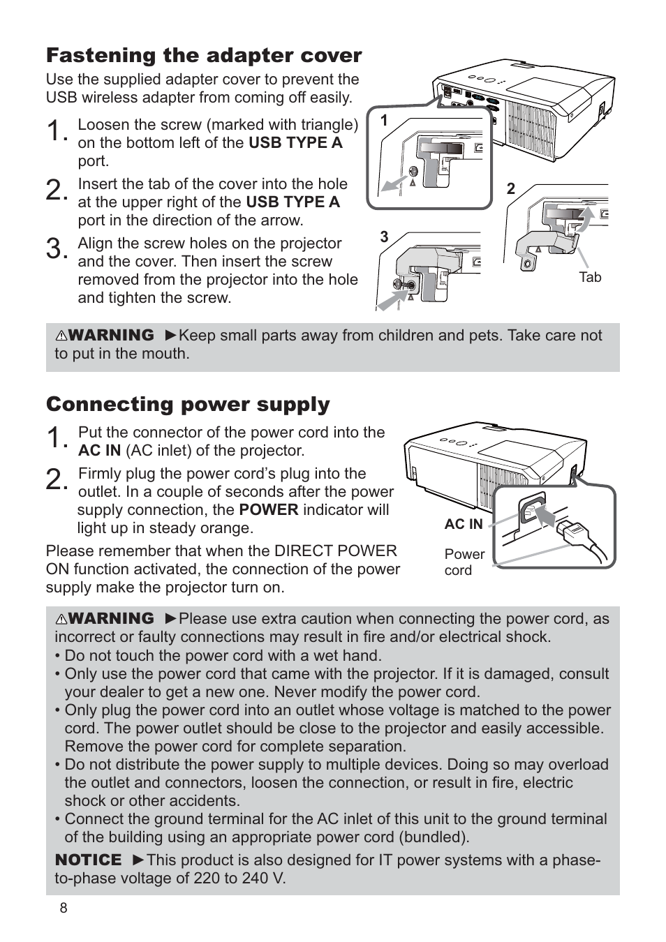 Connecting power supply, Fastening the adapter cover | Dukane DATA VIDEO PROJECTOR 8927HW-RJ User Manual | Page 10 / 24