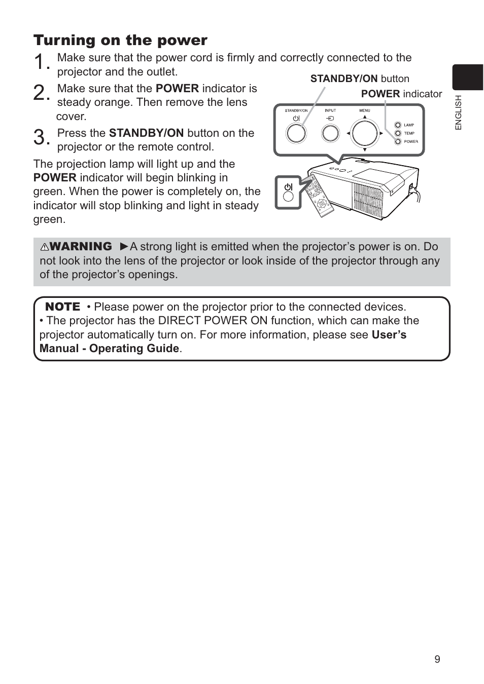 Turning on the power | Dukane DATA VIDEO PROJECTOR 8927HW-RJ User Manual | Page 11 / 24