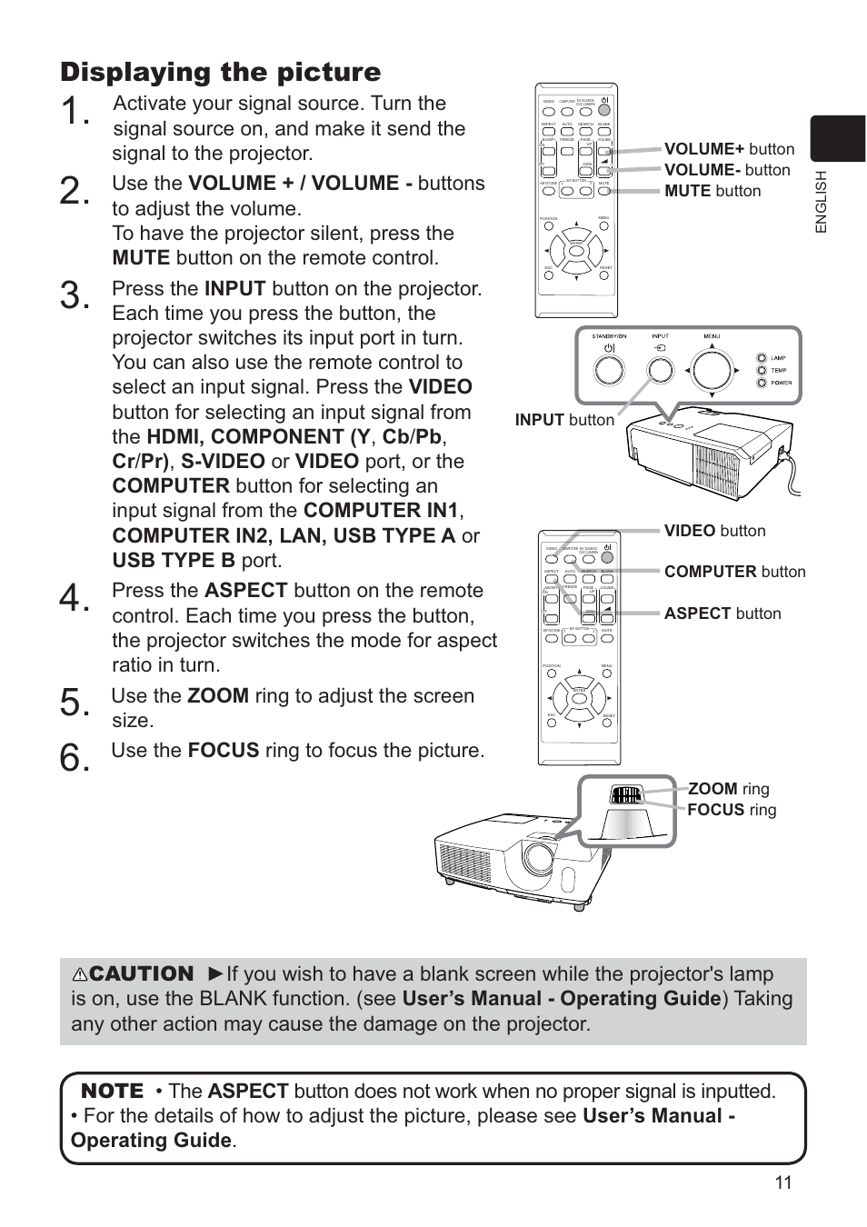 Displaying the picture, Use the zoom ring to adjust the screen size, Use the focus ring to focus the picture | Focus ring zoom ring | Dukane DATA VIDEO PROJECTOR 8927HW-RJ User Manual | Page 13 / 24