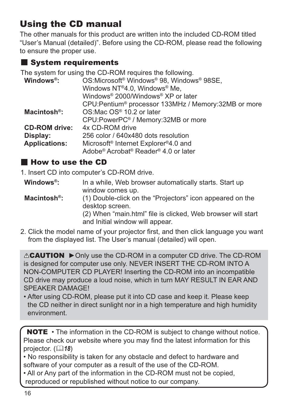 Using the cd manual, System requirements, How to use the cd | Dukane DATA VIDEO PROJECTOR 8927HW-RJ User Manual | Page 18 / 24