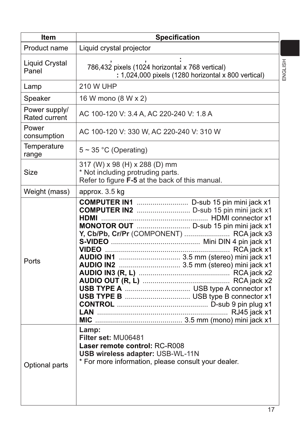 Speciﬁcations | Dukane DATA VIDEO PROJECTOR 8927HW-RJ User Manual | Page 19 / 24