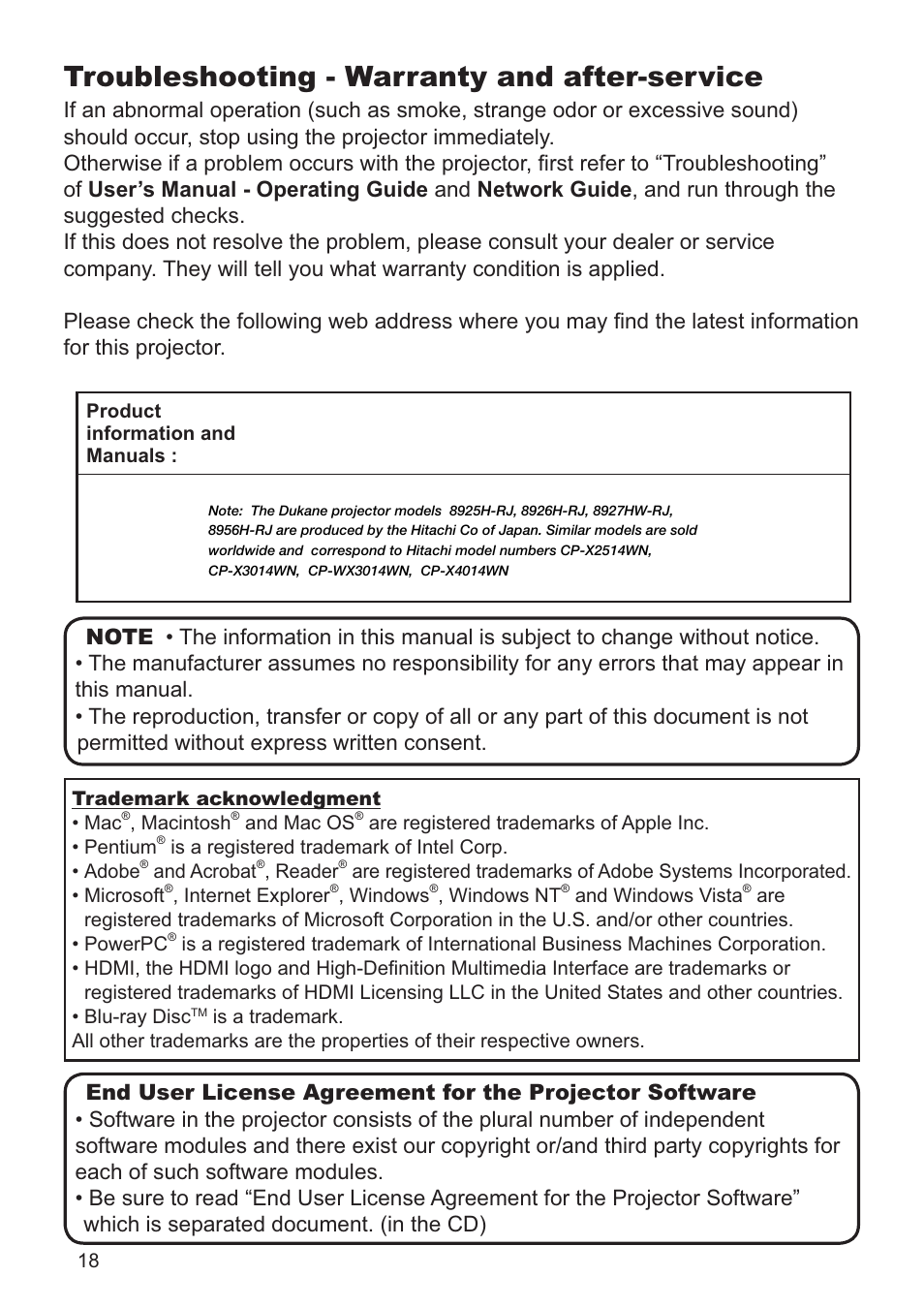 Troubleshooting - warranty and after-service, Zzzgxndqhfrpdy | Dukane DATA VIDEO PROJECTOR 8927HW-RJ User Manual | Page 20 / 24