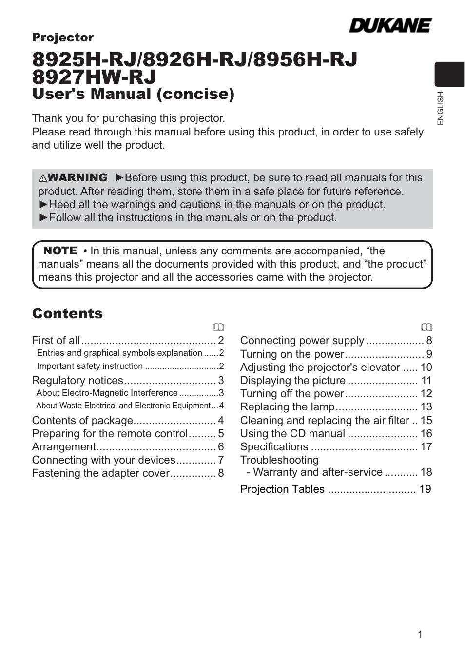 Dukane DATA VIDEO PROJECTOR 8927HW-RJ User Manual | Page 3 / 24
