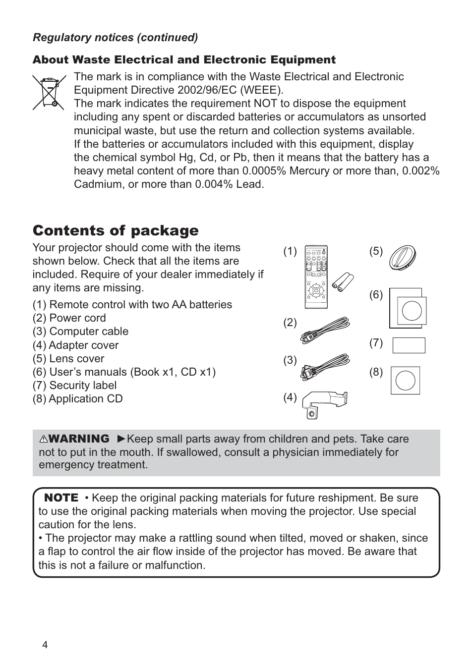 Contents of package | Dukane DATA VIDEO PROJECTOR 8927HW-RJ User Manual | Page 6 / 24