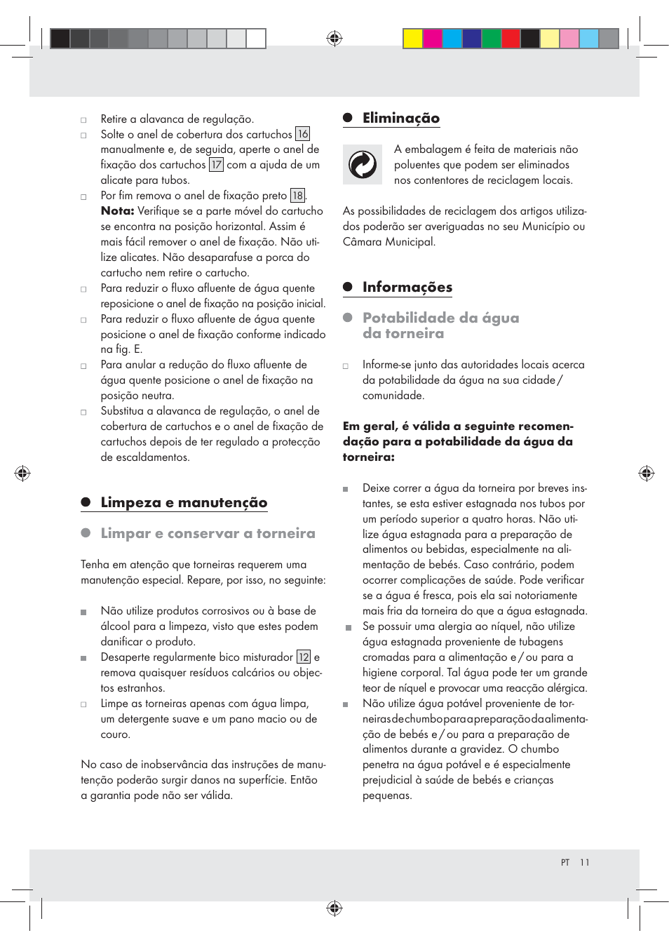 Limpeza e manutenção limpar e conservar a torneira, Eliminação, Informações potabilidade da água da torneira | Ernesto Z31180 User Manual | Page 11 / 20