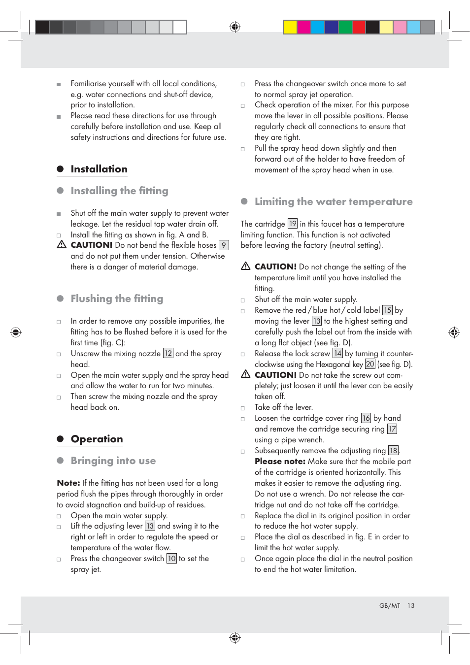 Installation installing the ﬁtting, Flushing the ﬁtting, Operation bringing into use | Limiting the water temperature | Ernesto Z31180 User Manual | Page 13 / 20