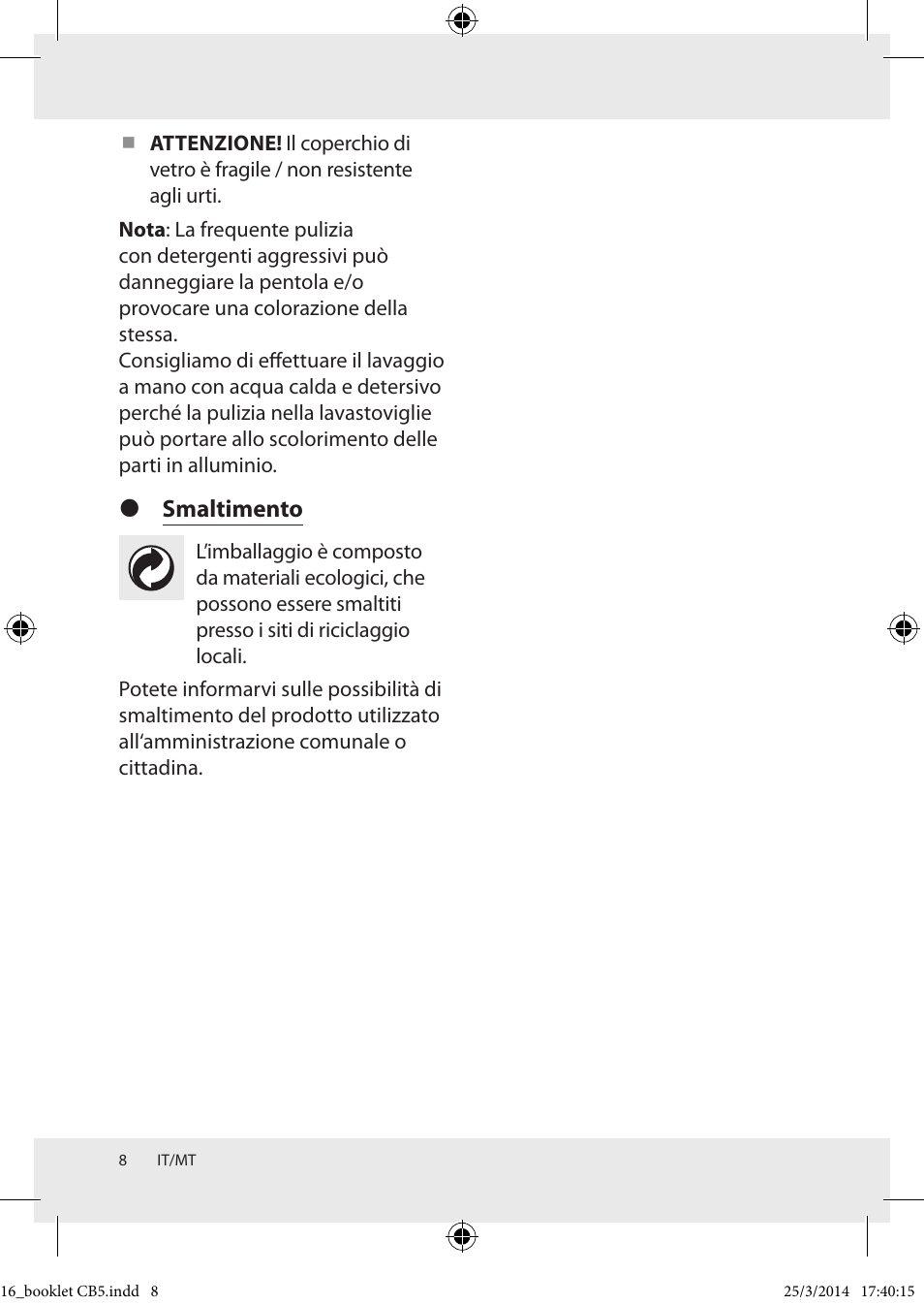 Smaltimento | Ernesto Z32128A/ Z32128B User Manual | Page 8 / 17