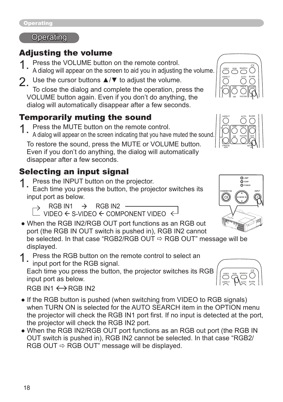 Operating adjusting the volume, Temporarily muting the sound, Selecting an input signal | Operating | Dukane 8065 User Manual | Page 20 / 114