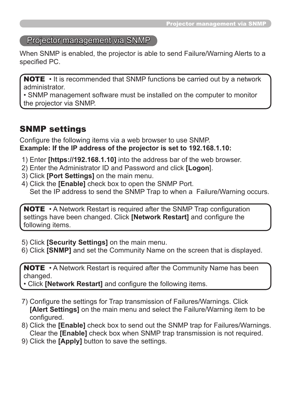 Projector management via snmp, Snmp settings | Dukane 8065 User Manual | Page 87 / 114