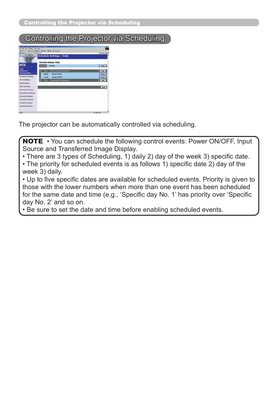 Controlling the projector via scheduling | Dukane 8065 User Manual | Page 88 / 114