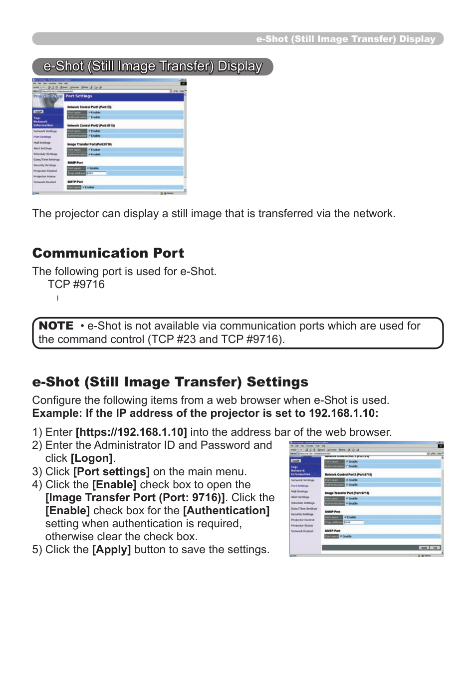 E-shot (still image transfer) display, Communication port, E-shot (still image transfer) settings | Dukane 8065 User Manual | Page 91 / 114