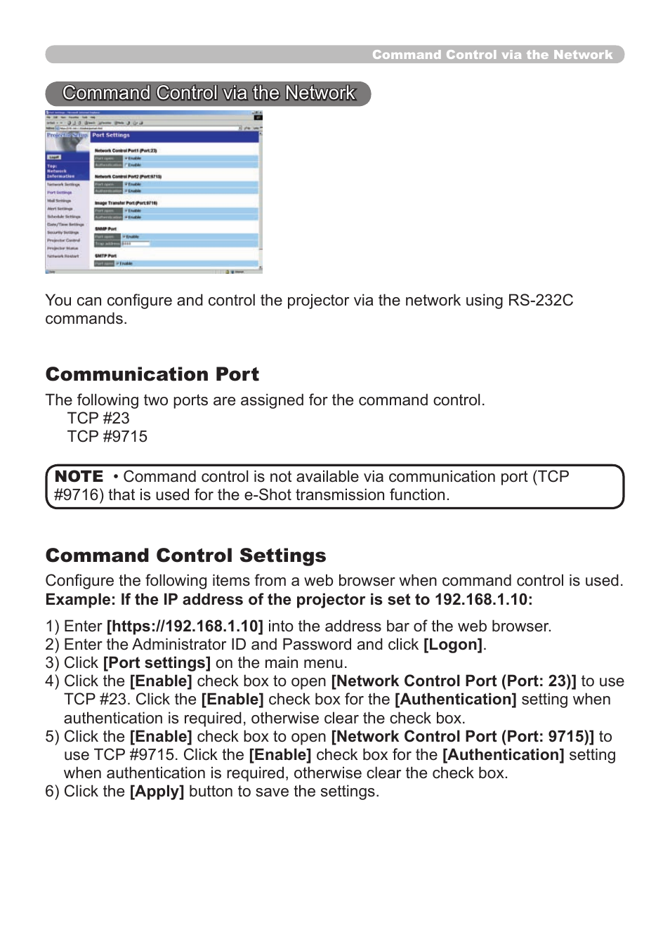 Command control via the network, Communication port, Command control settings | Dukane 8065 User Manual | Page 93 / 114