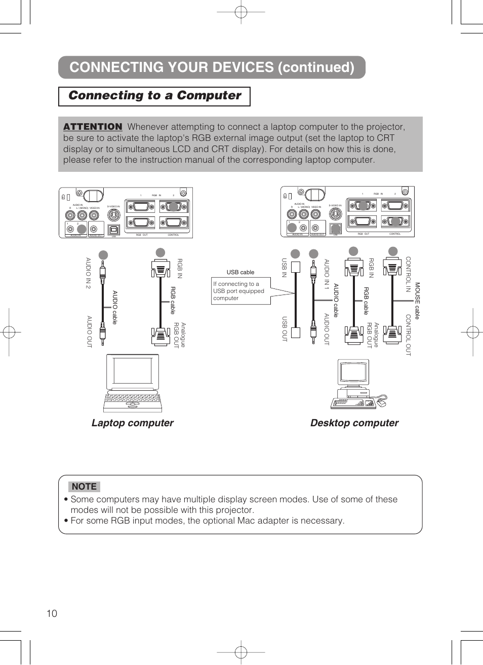 Connecting your devices (continued), Connecting to a computer, Laptop computer | Desktop computer | Dukane 28A8049B User Manual | Page 12 / 54