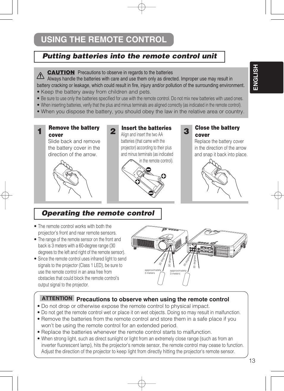 23 using the remote control, 13 english, Remove the battery cover | Insert the batteries, Close the battery cover | Dukane 28A8049B User Manual | Page 15 / 54