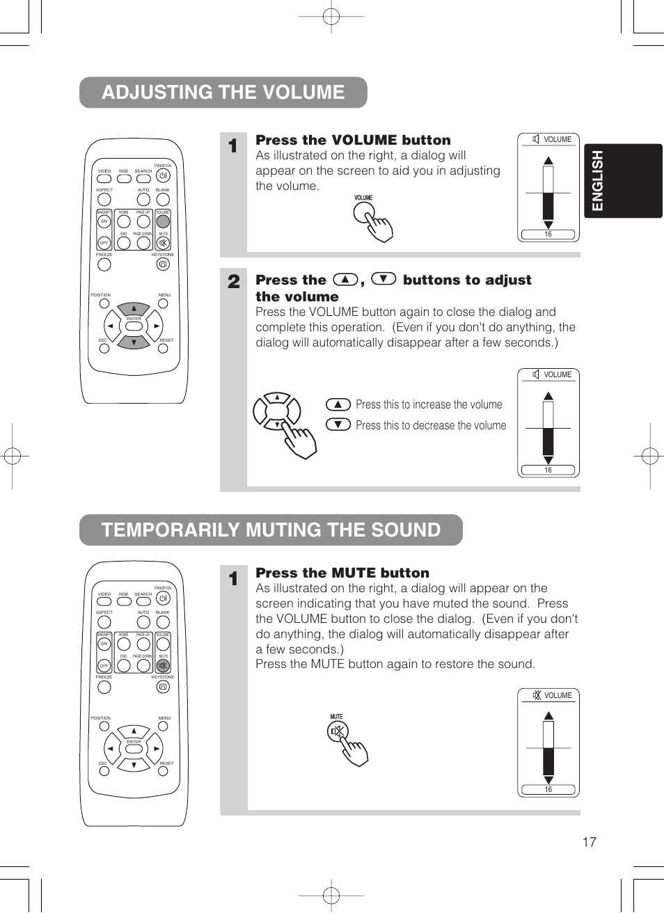 Adjusting the volume temporarily muting the sound, 17 english, Press the volume button | Press the mute button, Press the , buttons to adjust the volume | Dukane 28A8049B User Manual | Page 19 / 54