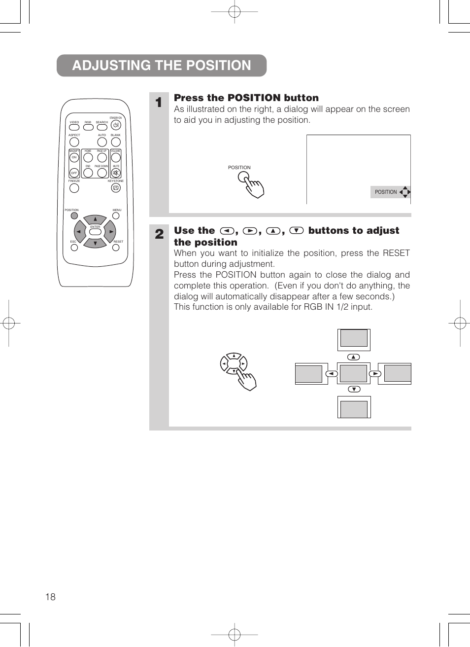 Adjusting the position, Press the position button, Use the , , , buttons to adjust the position | Dukane 28A8049B User Manual | Page 20 / 54