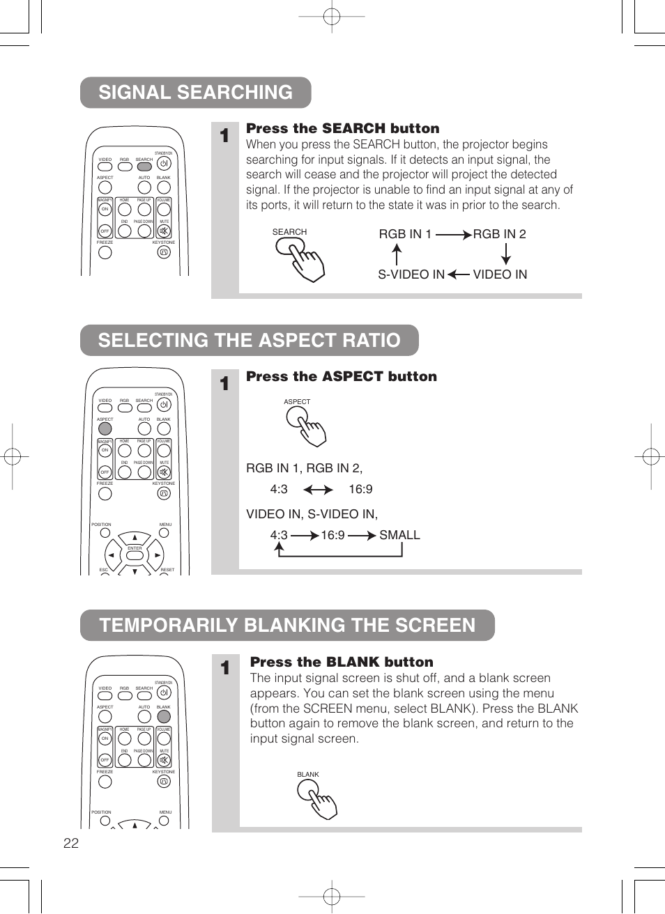 Press the search button, Press the aspect button, Press the blank button | Rgb in 1, rgb in 2, video in, s-video in, Rgb in 1 rgb in 2 video in s-video in | Dukane 28A8049B User Manual | Page 24 / 54