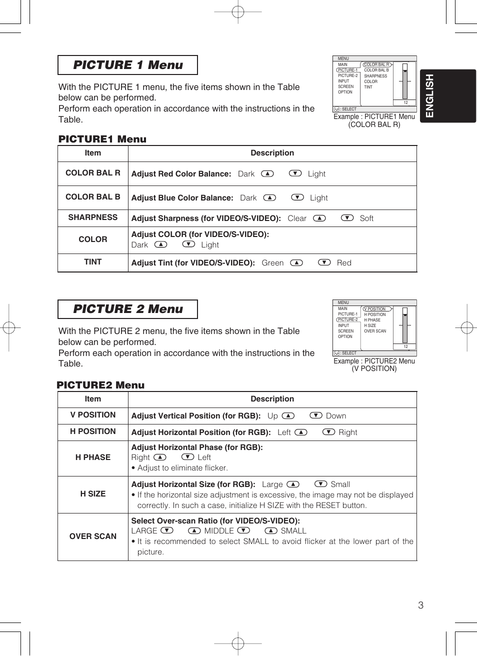Picture 1 menu picture 2 menu, English, Picture1 menu | 3picture2 menu | Dukane 28A8049B User Manual | Page 34 / 54