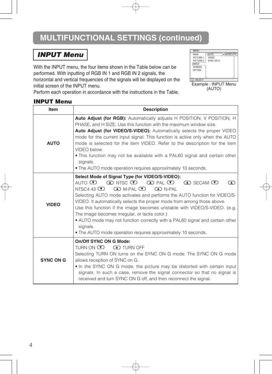 Multifunctional settings (continued), Input menu | Dukane 28A8049B User Manual | Page 35 / 54