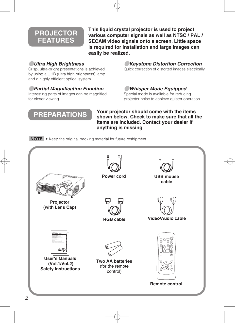 Preparations, Projector features, Ultra high brightness | Partial magnification function, Keystone distortion correction, Whisper mode equipped, Projector (with lens cap) | Dukane 28A8049B User Manual | Page 4 / 54