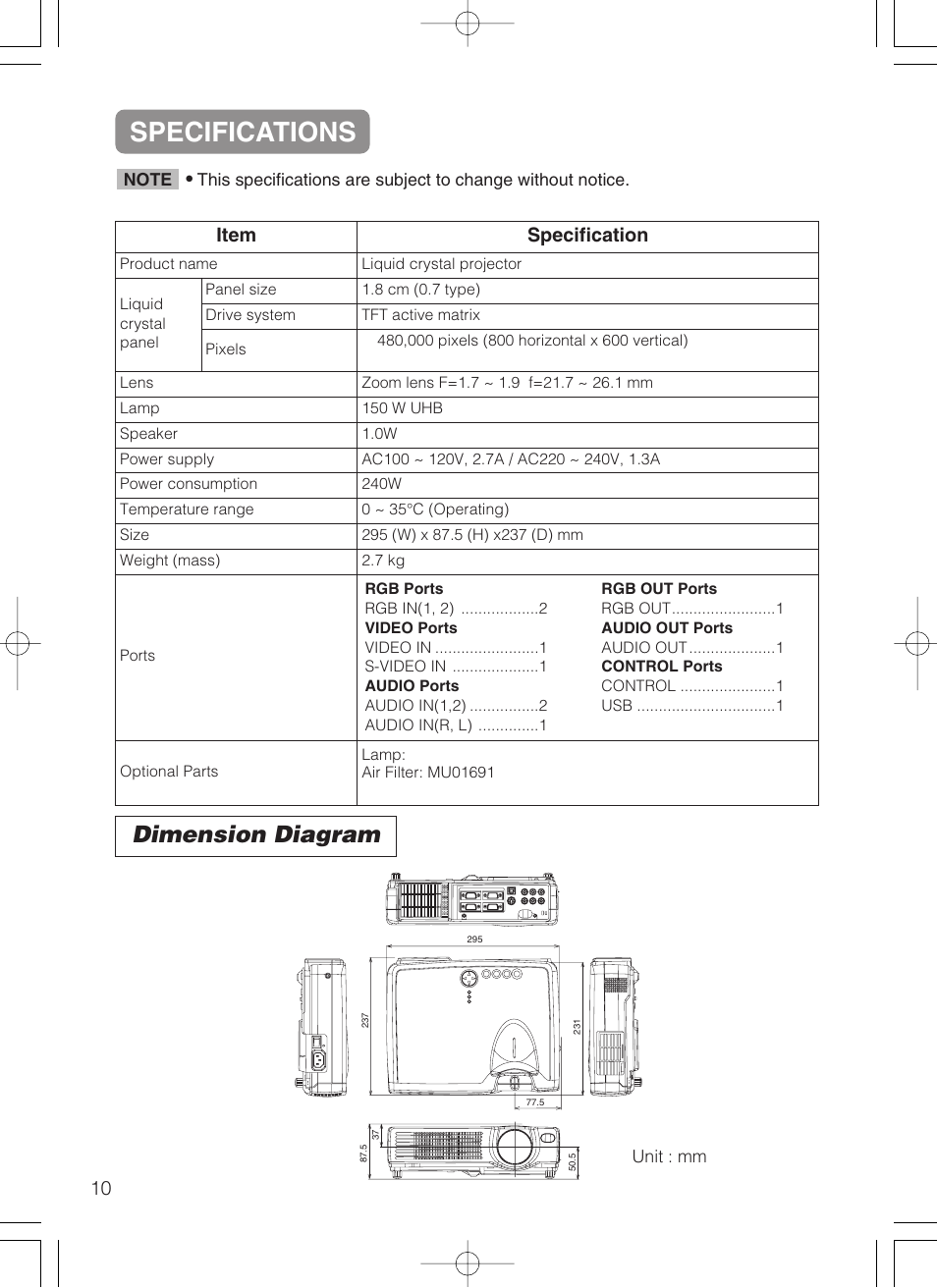Specifications, Dimension diagram, Item specification | Dukane 28A8049B User Manual | Page 41 / 54