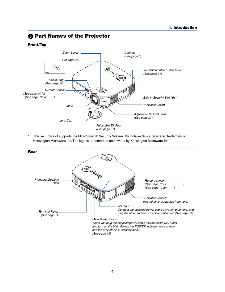 ᕣ part names of the projector, Introduction, Front/top | Rear | Dukane 8070 User Manual | Page 12 / 82
