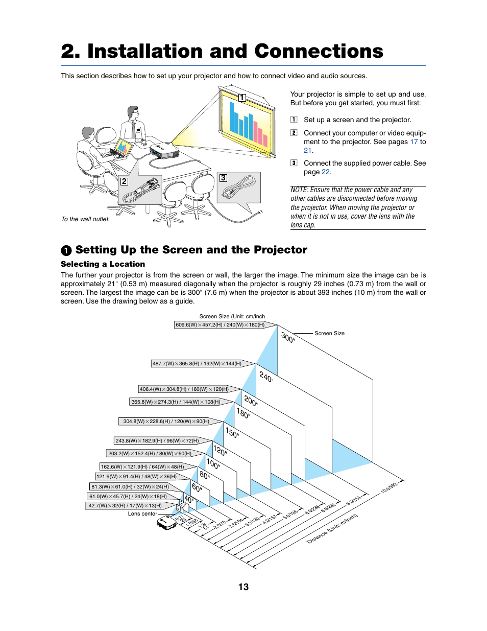 Installation and connections, ᕡ setting up the screen and the projector | Dukane 8070 User Manual | Page 21 / 82