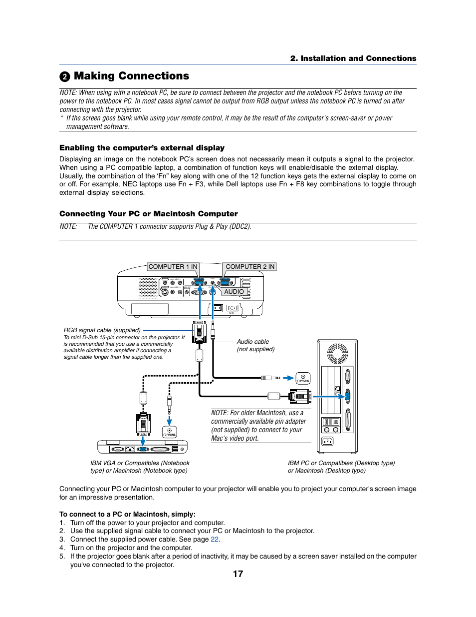 ᕢ making connections, Installation and connections, Connecting your pc or macintosh computer | Enabling the computer’s external display | Dukane 8070 User Manual | Page 25 / 82