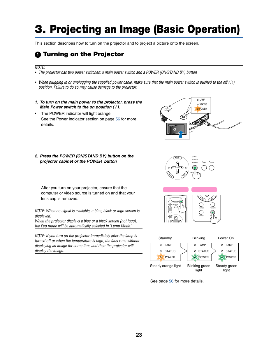 Projecting an image (basic operation), ᕡ turning on the projector | Dukane 8070 User Manual | Page 31 / 82