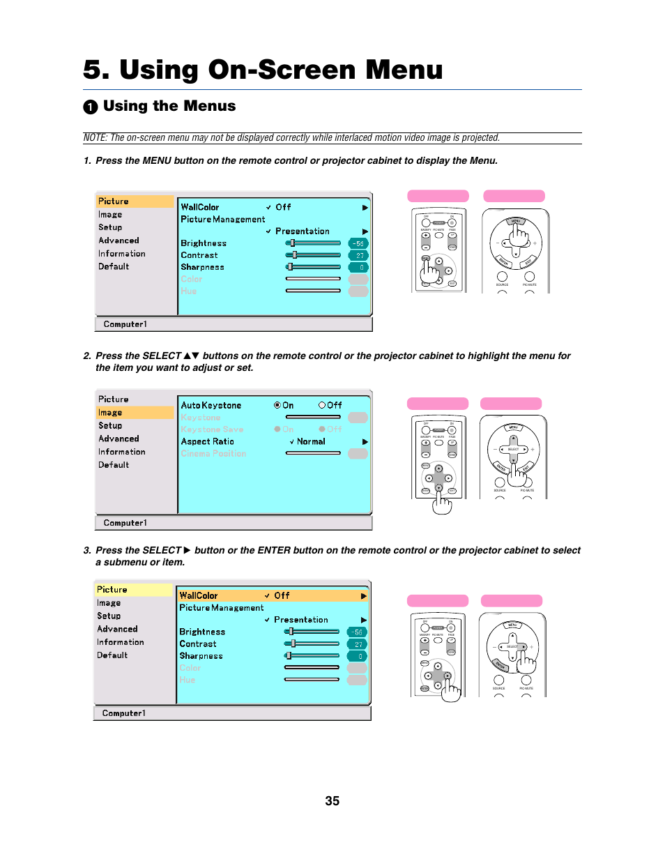 Using on-screen menu, ᕡ using the menus | Dukane 8070 User Manual | Page 43 / 82