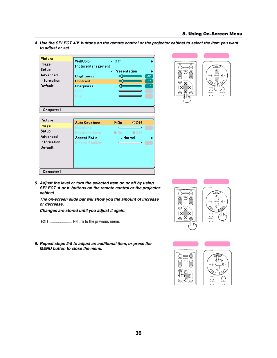 Using on-screen menu | Dukane 8070 User Manual | Page 44 / 82