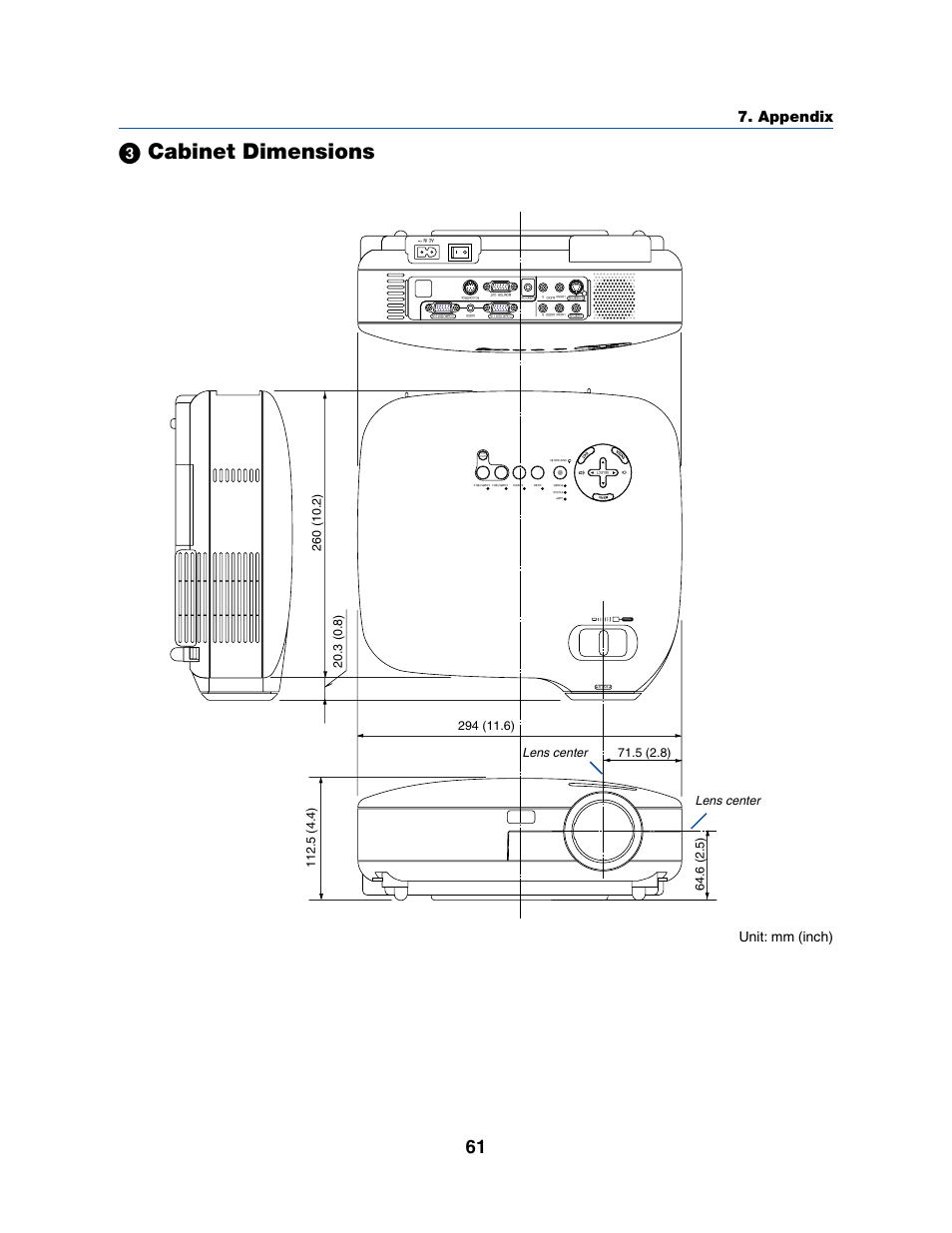 ᕣ cabinet dimensions, Appendix, Unit: mm (inch) | Dukane 8070 User Manual | Page 69 / 82
