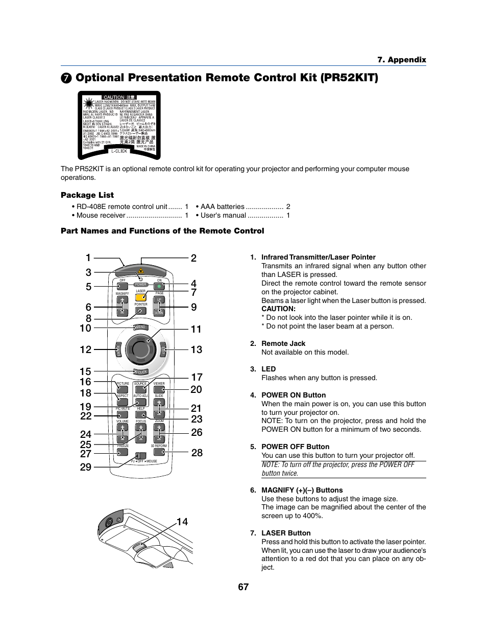 Optional presentation remote control kit (pr52kit) | Dukane 8070 User Manual | Page 75 / 82