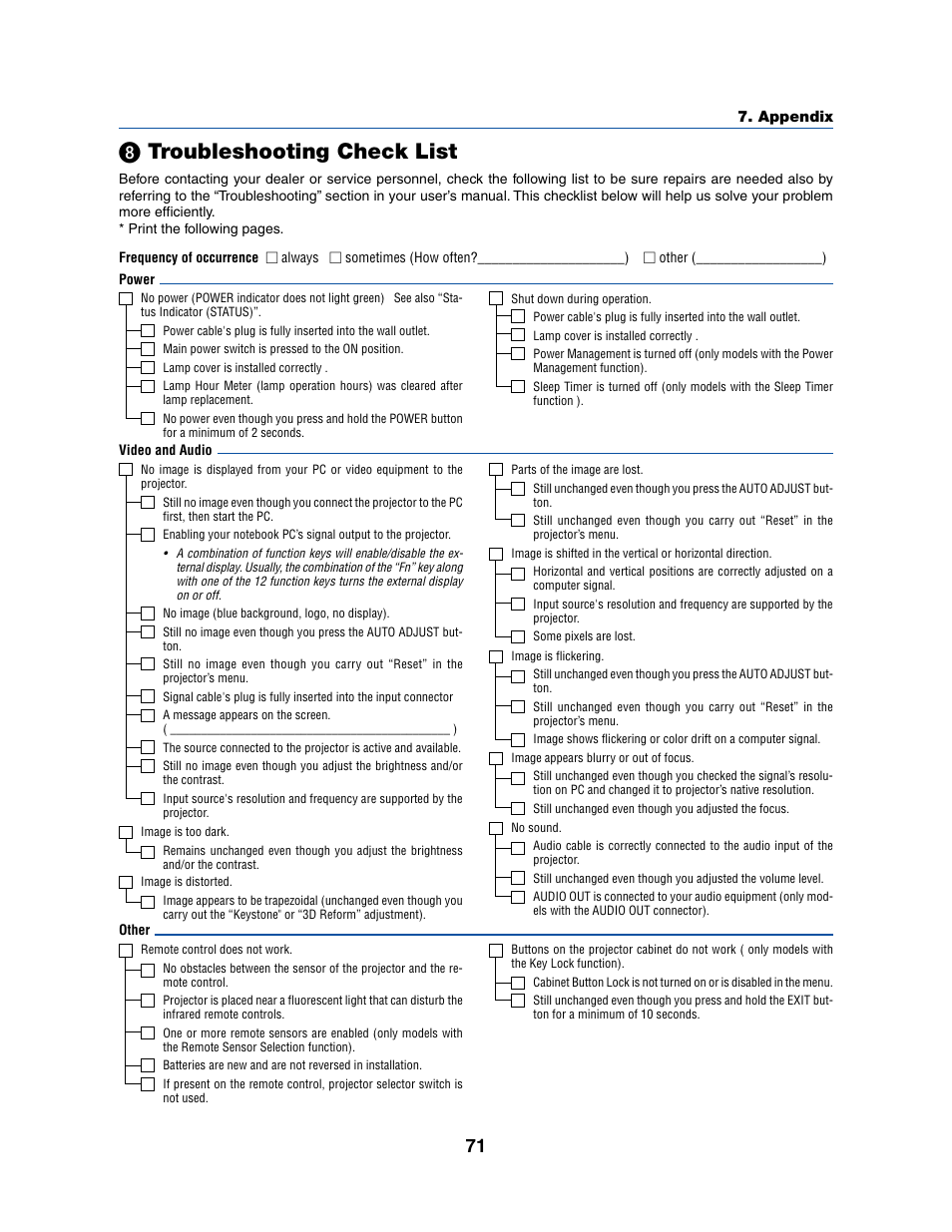 º troubleshooting check list | Dukane 8070 User Manual | Page 79 / 82