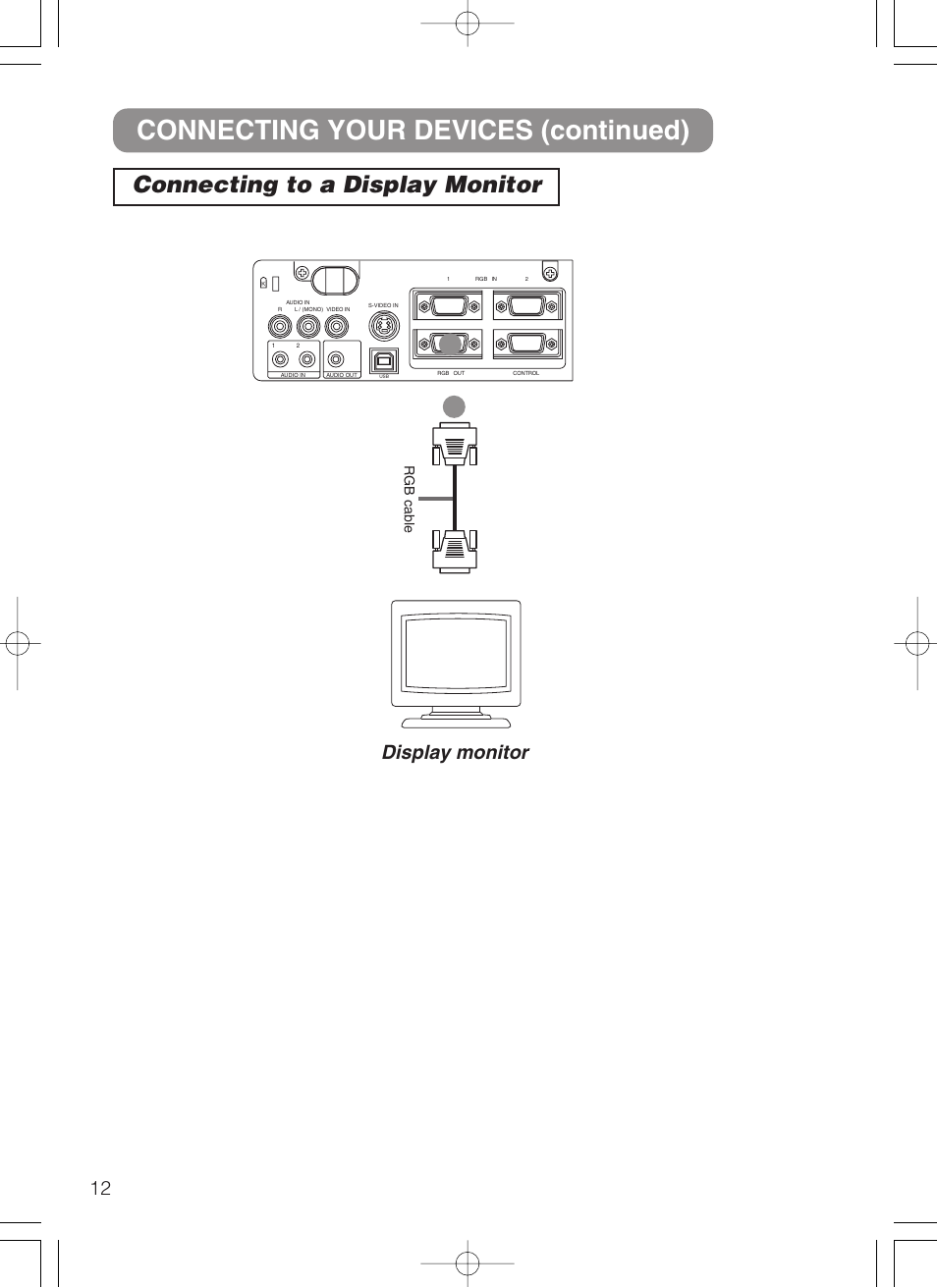Connecting your devices (continued), Connecting to a display monitor, Display monitor | Rgb cable | Dukane 8755B User Manual | Page 14 / 56
