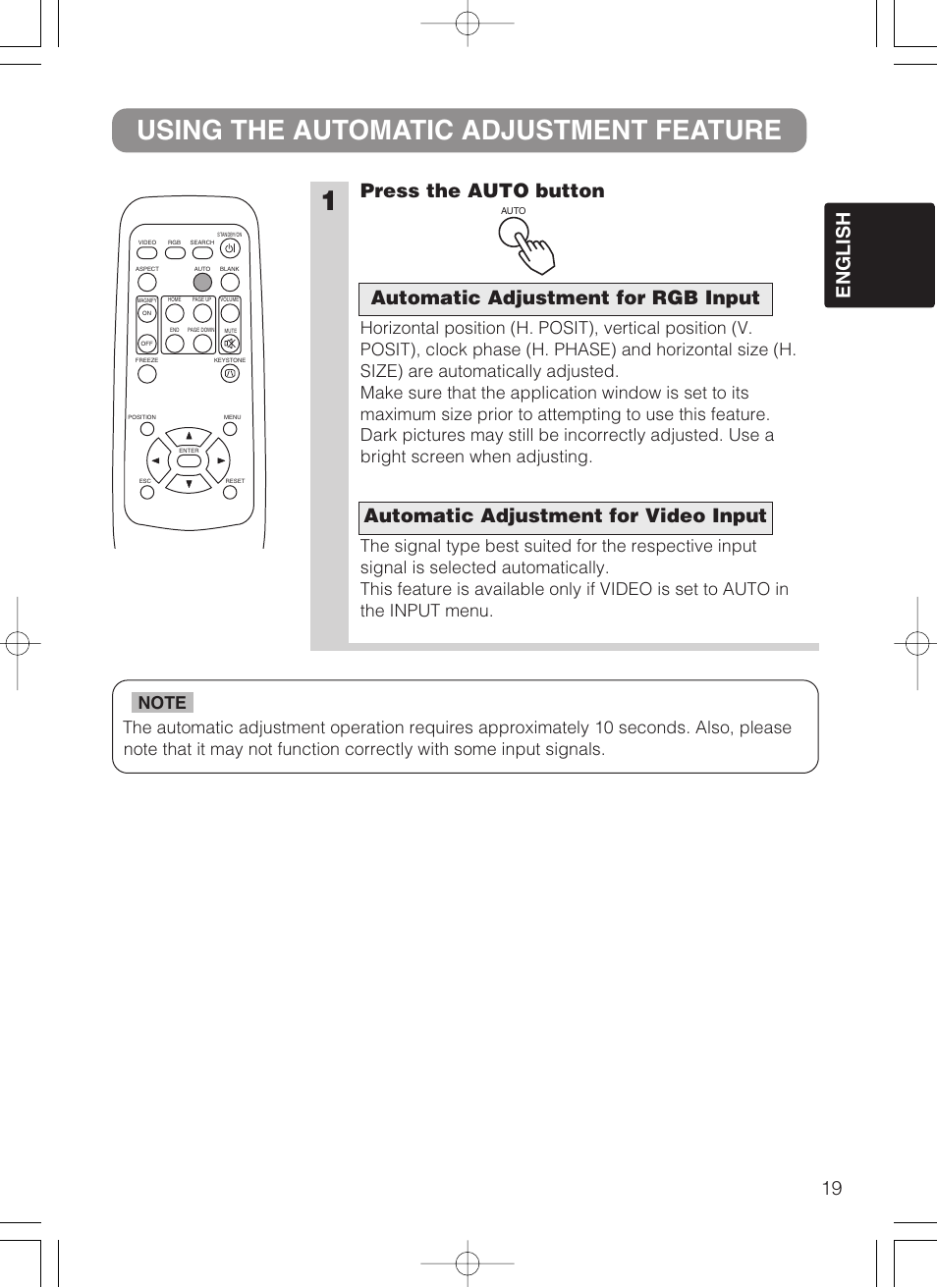 1using the automatic adjustment feature, 19 english, Press the auto button | Dukane 8755B User Manual | Page 21 / 56