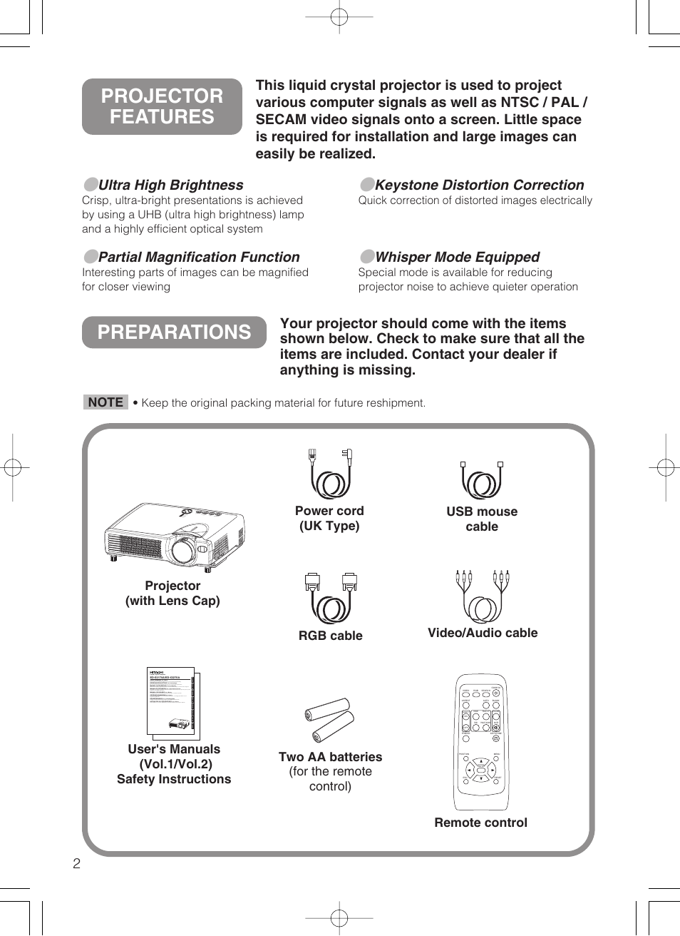 Preparations, Projector features, Ultra high brightness | Partial magnification function, Keystone distortion correction, Whisper mode equipped, Projector (with lens cap) | Dukane 8755B User Manual | Page 4 / 56