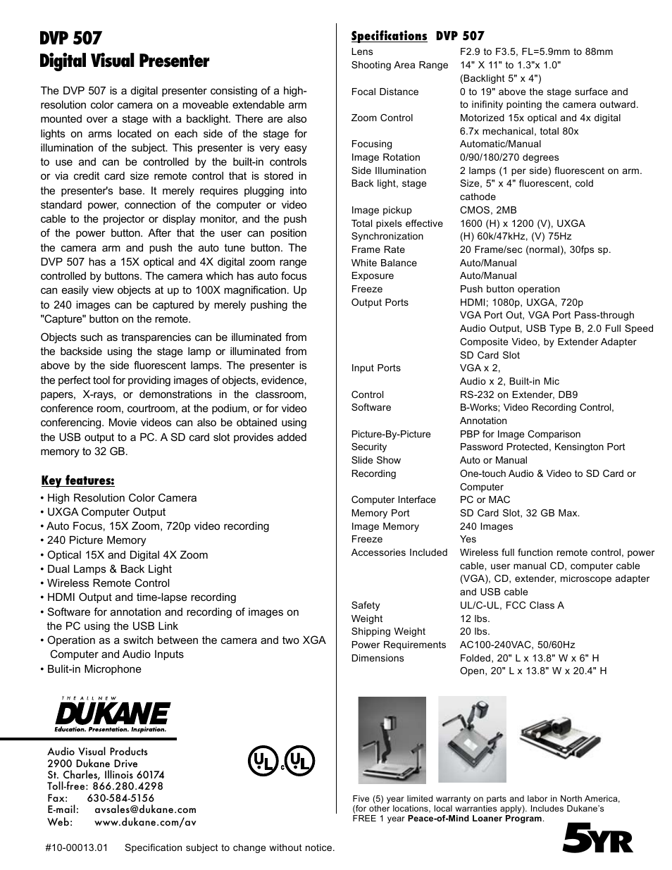Dvp 507 digital visual presenter | Dukane DVP507 User Manual | Page 2 / 2