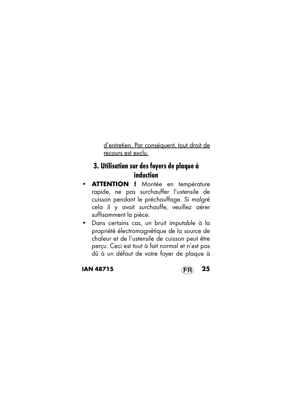 Utilisation sur des foyers de plaque à induction | Ernesto IAN 48715 User Manual | Page 25 / 84