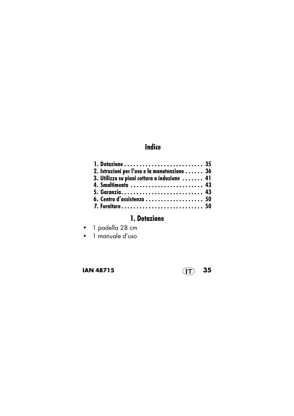 Italiano, Dotazione, Indice | Ernesto IAN 48715 User Manual | Page 35 / 84