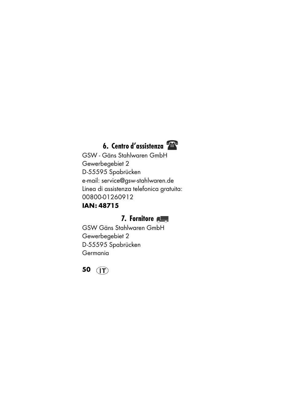 Centro d’assistenza, Fornitore | Ernesto IAN 48715 User Manual | Page 50 / 84