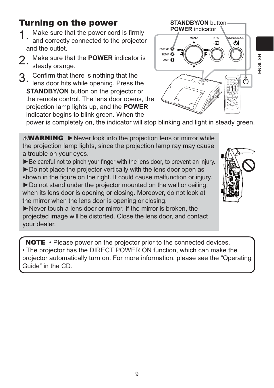 Turning on the power, Standby/on button power indicator, English | Dukane Data Video LCD - Interactive WXGA UST Projector 8107HWI User Manual | Page 11 / 28