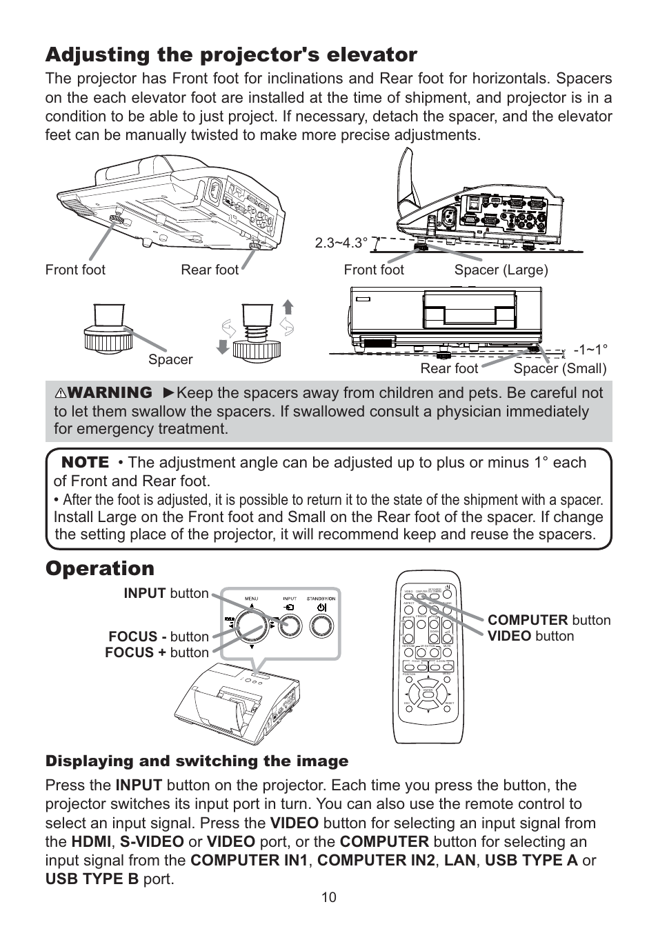 Adjusting the projector's elevator, Operation, Input button | Dukane Data Video LCD - Interactive WXGA UST Projector 8107HWI User Manual | Page 12 / 28