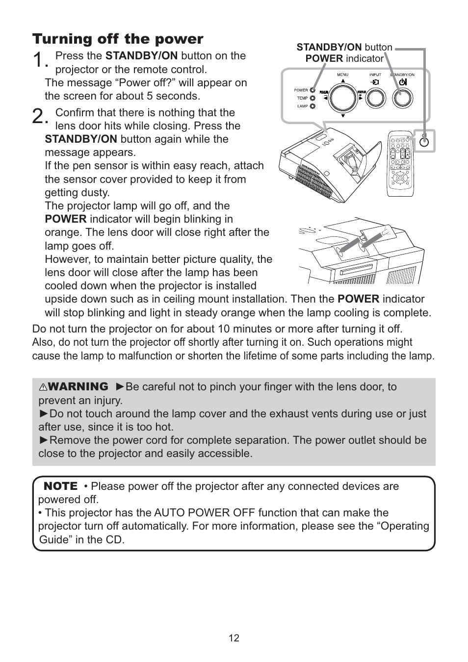 Turning off the power, Standby/on button power indicator | Dukane Data Video LCD - Interactive WXGA UST Projector 8107HWI User Manual | Page 14 / 28