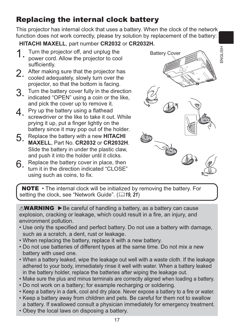 Replacing the internal clock battery | Dukane Data Video LCD - Interactive WXGA UST Projector 8107HWI User Manual | Page 19 / 28