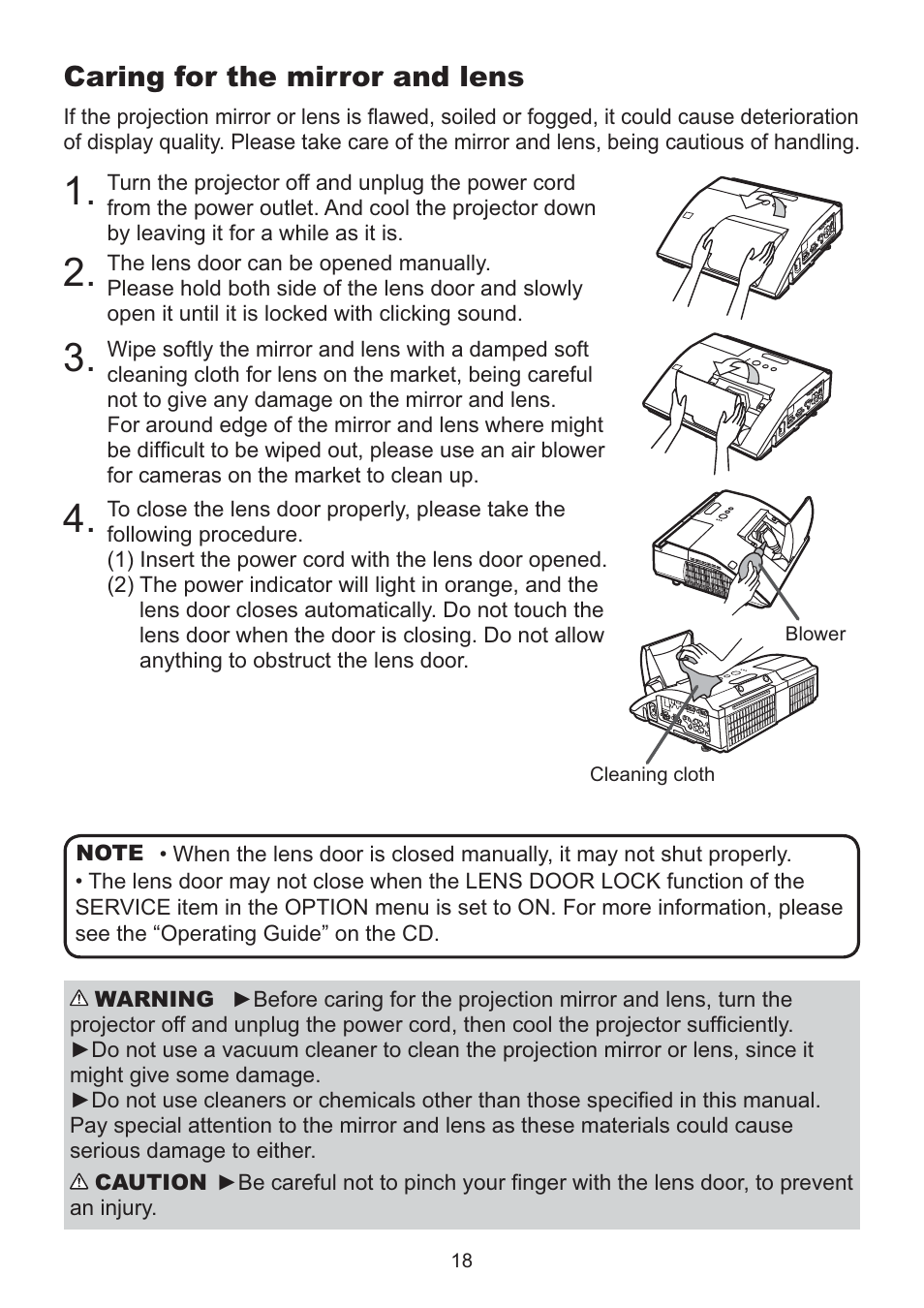 Caring for the mirror and lens | Dukane Data Video LCD - Interactive WXGA UST Projector 8107HWI User Manual | Page 20 / 28