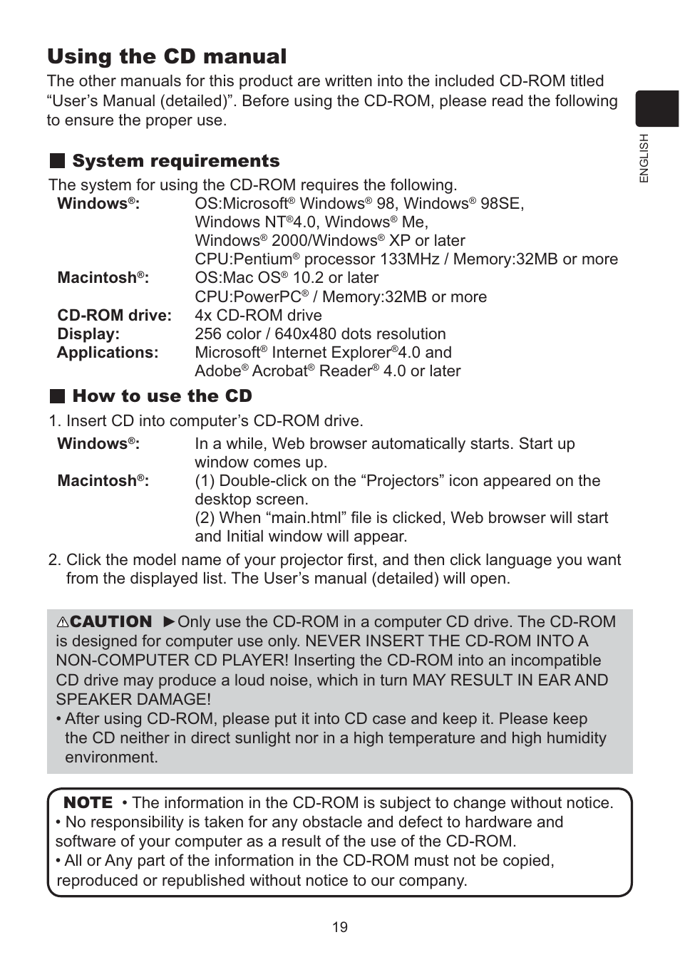 Using the cd manual, System requirements, How to use the cd | Dukane Data Video LCD - Interactive WXGA UST Projector 8107HWI User Manual | Page 21 / 28