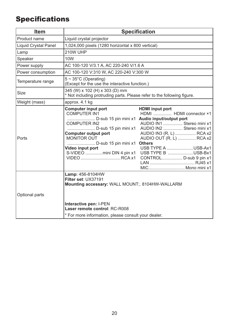 Speciﬁcations, Item speciﬁcation | Dukane Data Video LCD - Interactive WXGA UST Projector 8107HWI User Manual | Page 22 / 28