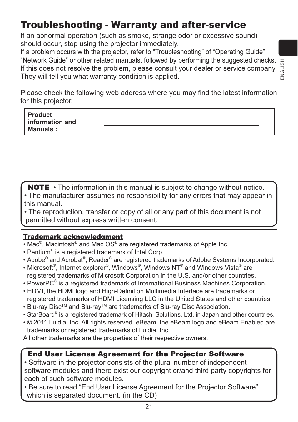 Troubleshooting - warranty and after-service, Zzzgxndqhfrpdy | Dukane Data Video LCD - Interactive WXGA UST Projector 8107HWI User Manual | Page 23 / 28